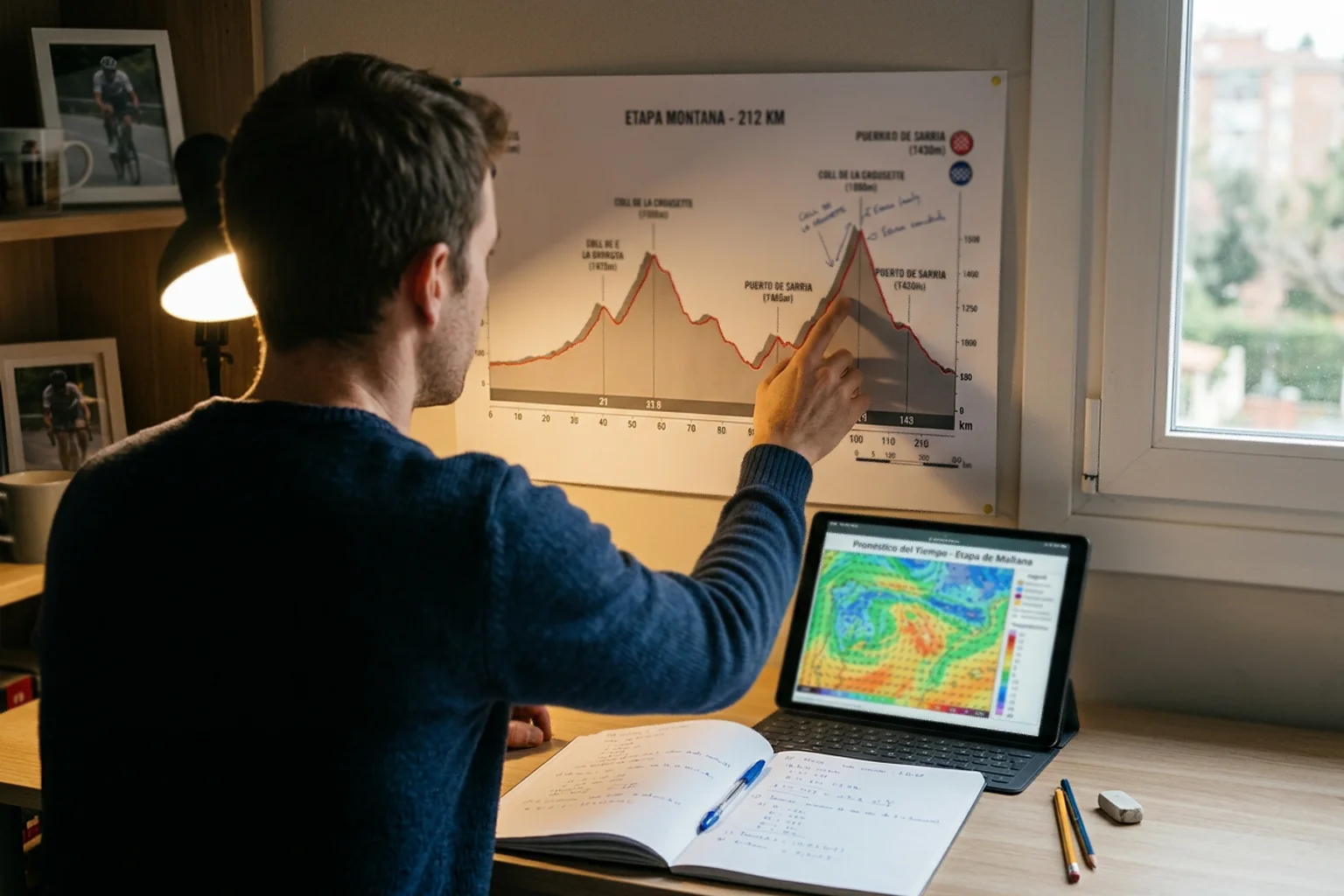 Analista revisando el perfil de una etapa ciclista con datos de meteorología y forma del corredor