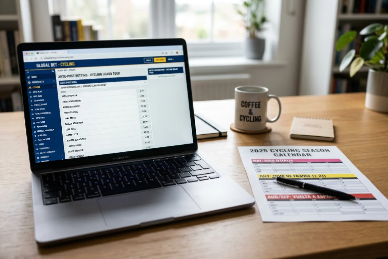 Pantalla de ordenador mostrando cuotas ante-post de una gran vuelta ciclista con calendario de temporada al lado