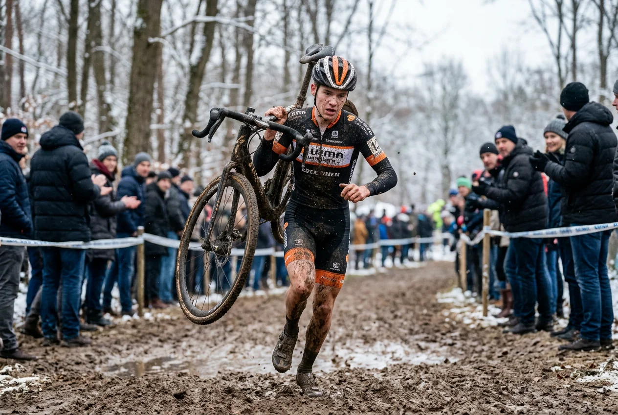 Ciclista de ciclocross cargando la bicicleta al hombro mientras cruza un tramo de barro en competición invernal