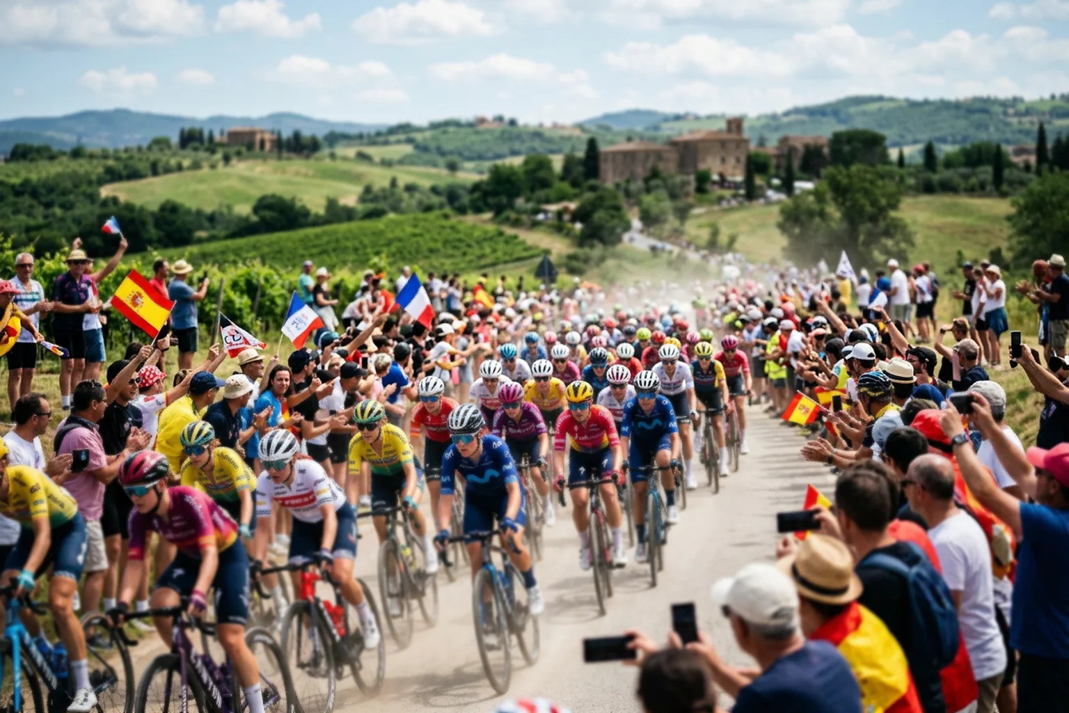 Pelotón femenino profesional compitiendo en una etapa del Tour de France Femmes con público animando