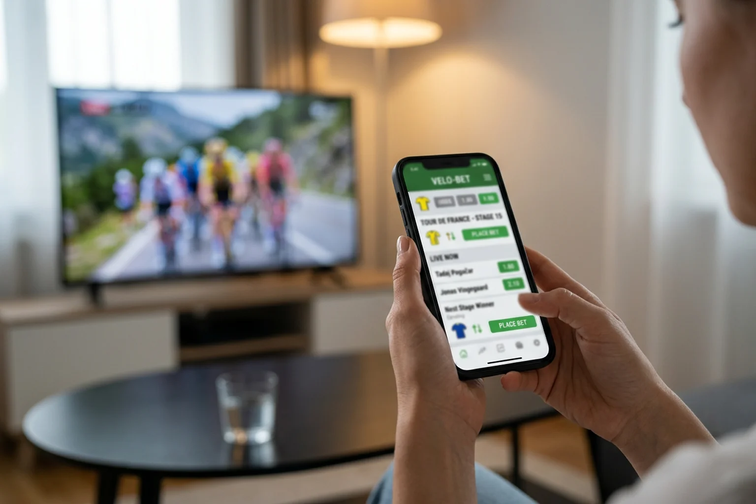 Mano sosteniendo un teléfono móvil con una aplicación de apuestas deportivas mientras se ve ciclismo de fondo