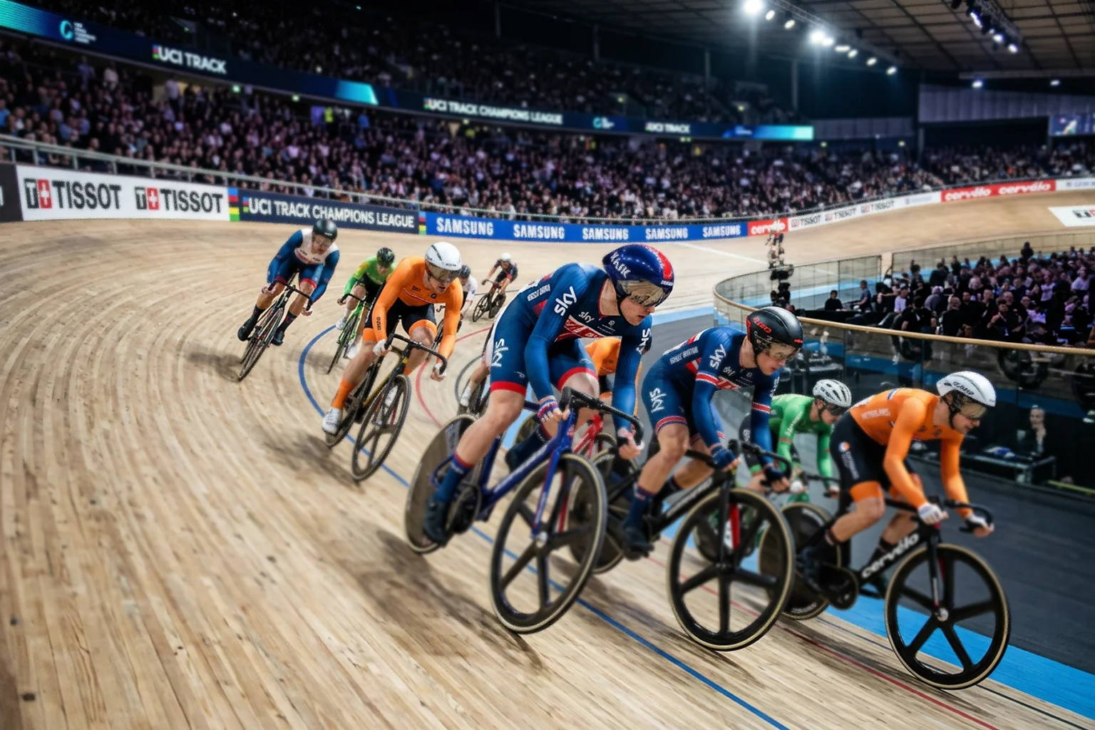 Ciclistas compitiendo a alta velocidad en un velódromo de pista cubierta con peralte pronunciado