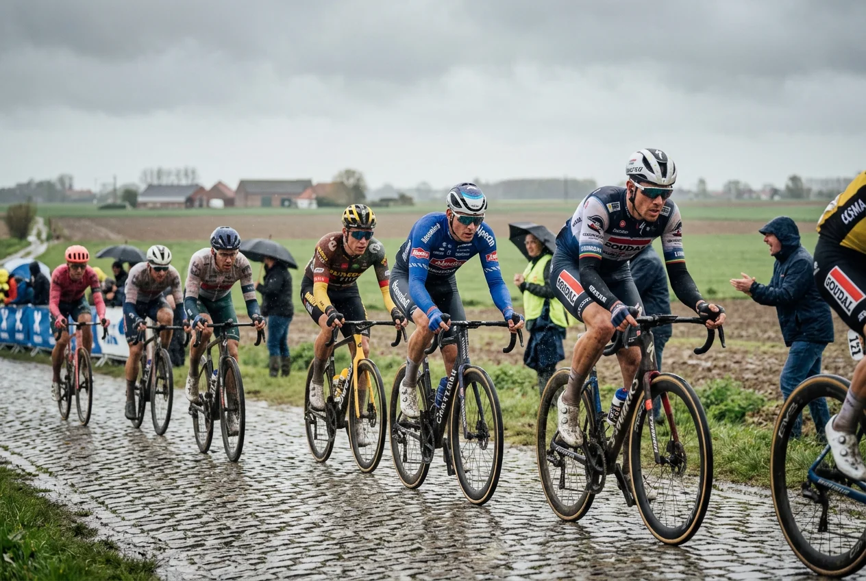 Ciclistas profesionales compitiendo sobre adoquines mojados en una clásica ciclista de primavera