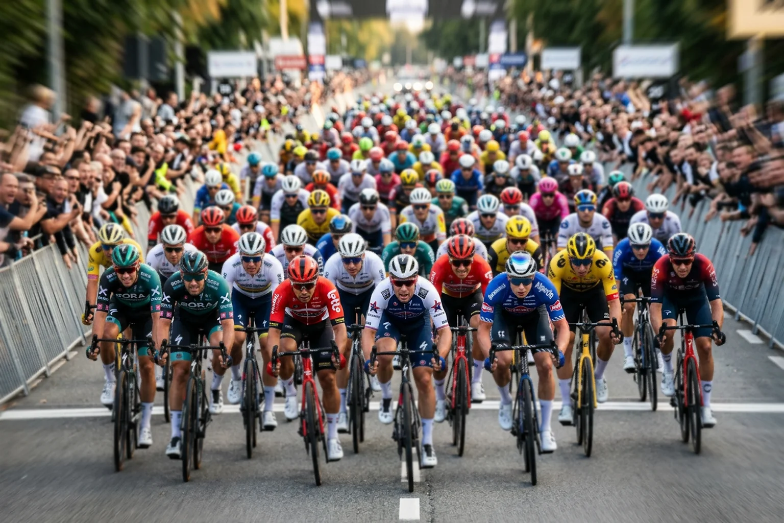 Pelotón ciclista a gran velocidad en etapa llana con escapada por delante - apuestas en directo ciclismo