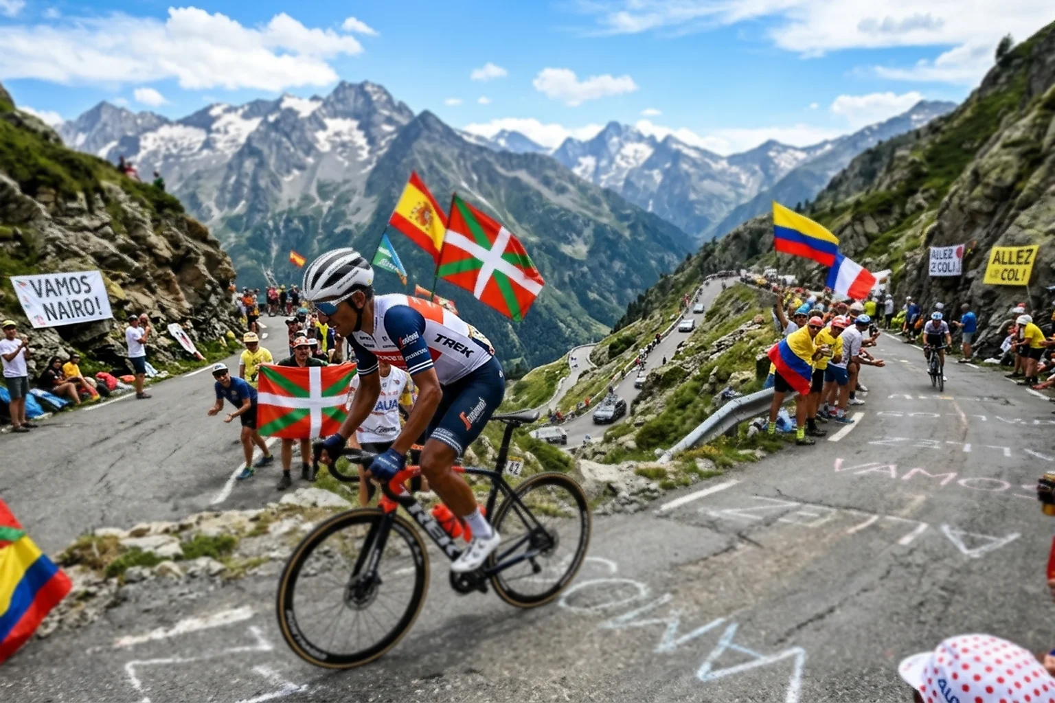 Ciclista escalador ascendiendo en solitario un puerto de alta montaña con curvas y público al borde de la carretera