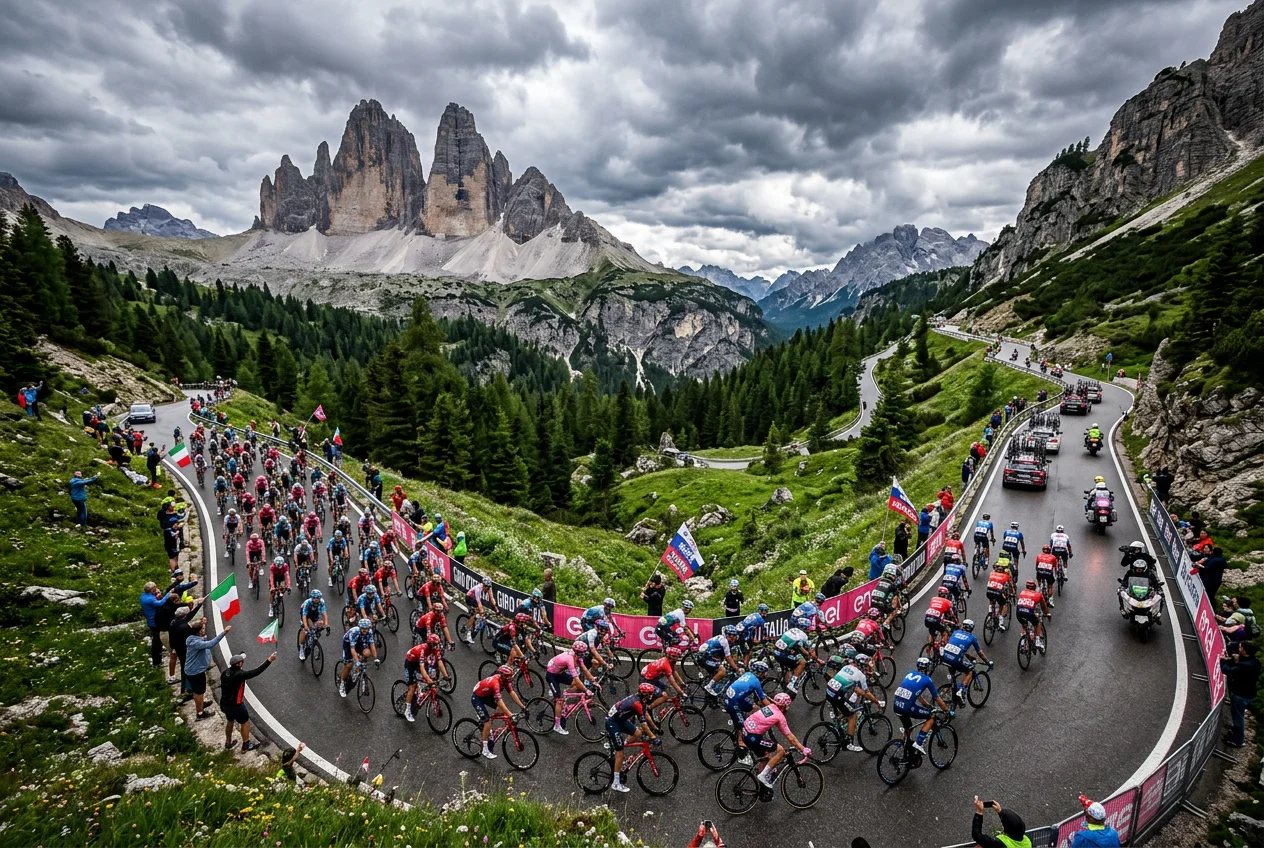 Ciclistas del pelotón rodando por una carretera de montaña en los Dolomitas italianos durante el Giro de Italia