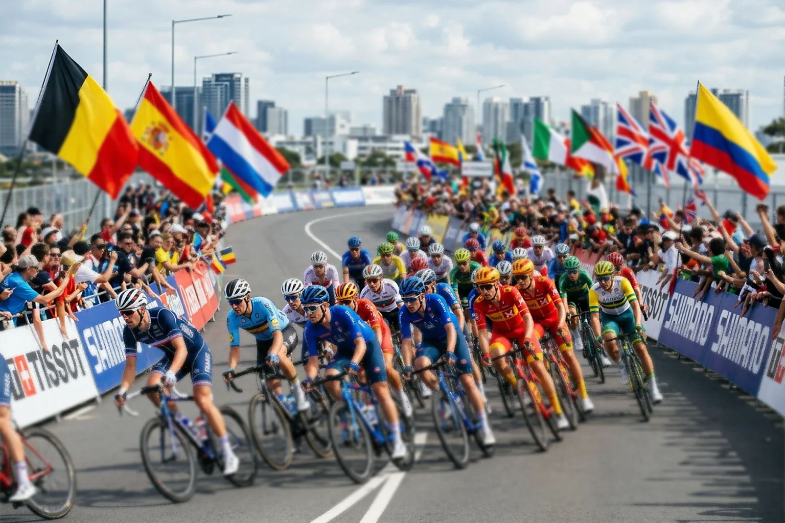 Ciclistas de distintas selecciones nacionales compitiendo en el Campeonato del Mundo de ciclismo en ruta