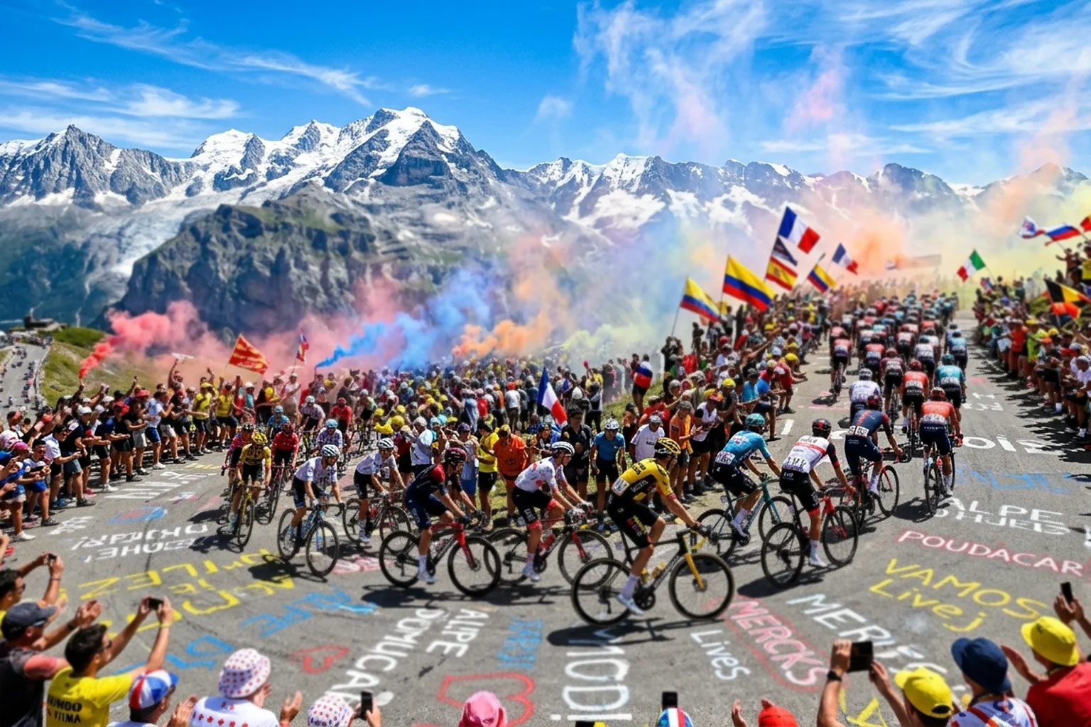 Pelotón del Tour de Francia ascendiendo un puerto de montaña con público en la carretera - apuestas Tour de Francia