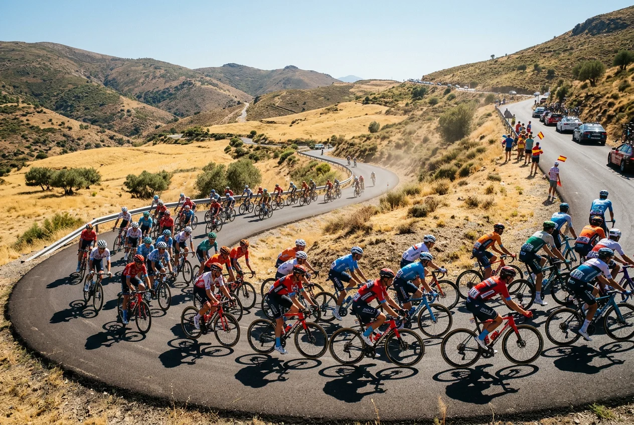 Pelotón ciclista ascendiendo un puerto de montaña con paisaje seco y soleado típico de la Vuelta a España