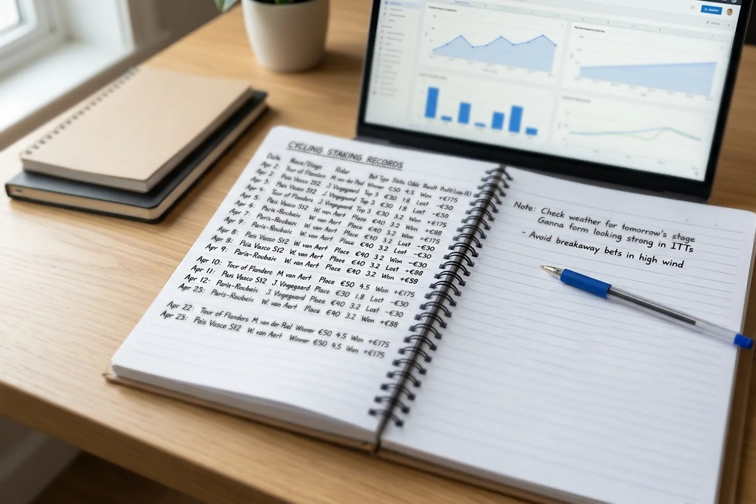 Escritorio con libreta de anotaciones de apuestas ciclistas, bolígrafo y pantalla de portátil con gráficos de rendimiento