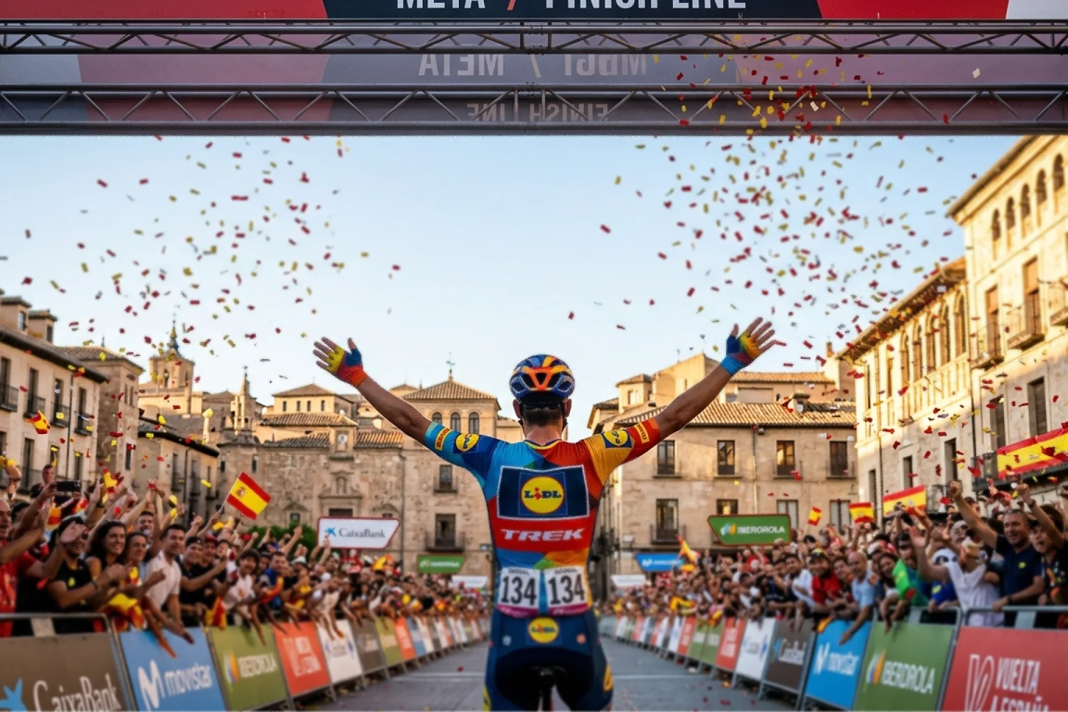 Ciclista profesional cruzando la meta de una etapa con público animando - casas de apuestas ciclismo España
