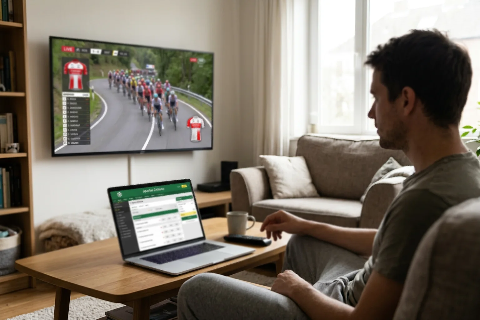 Persona viendo una carrera ciclista en televisión con un portátil abierto en una web de apuestas deportivas