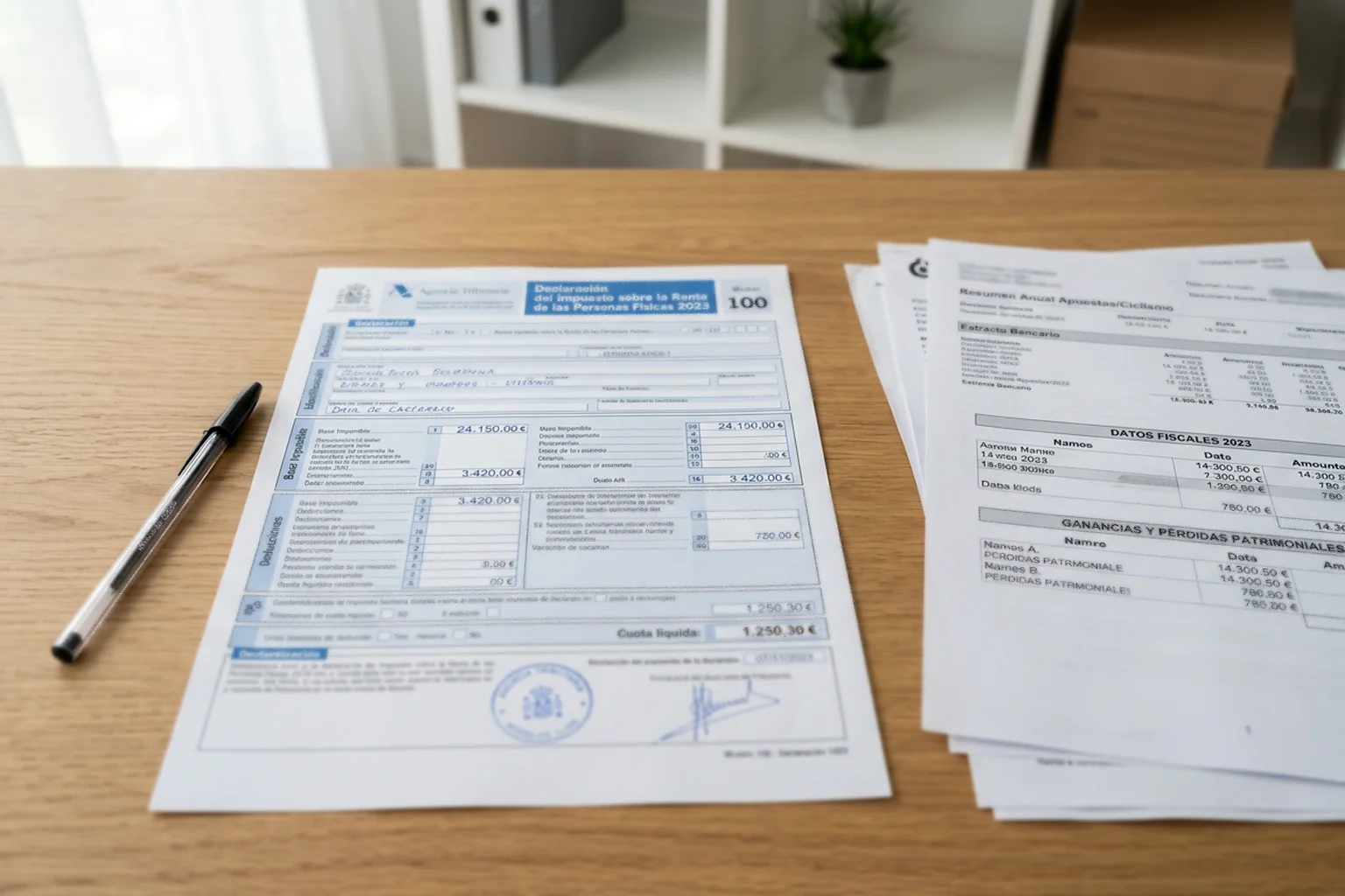Formulario de declaración de la renta española sobre un escritorio con bolígrafo y documentos fiscales