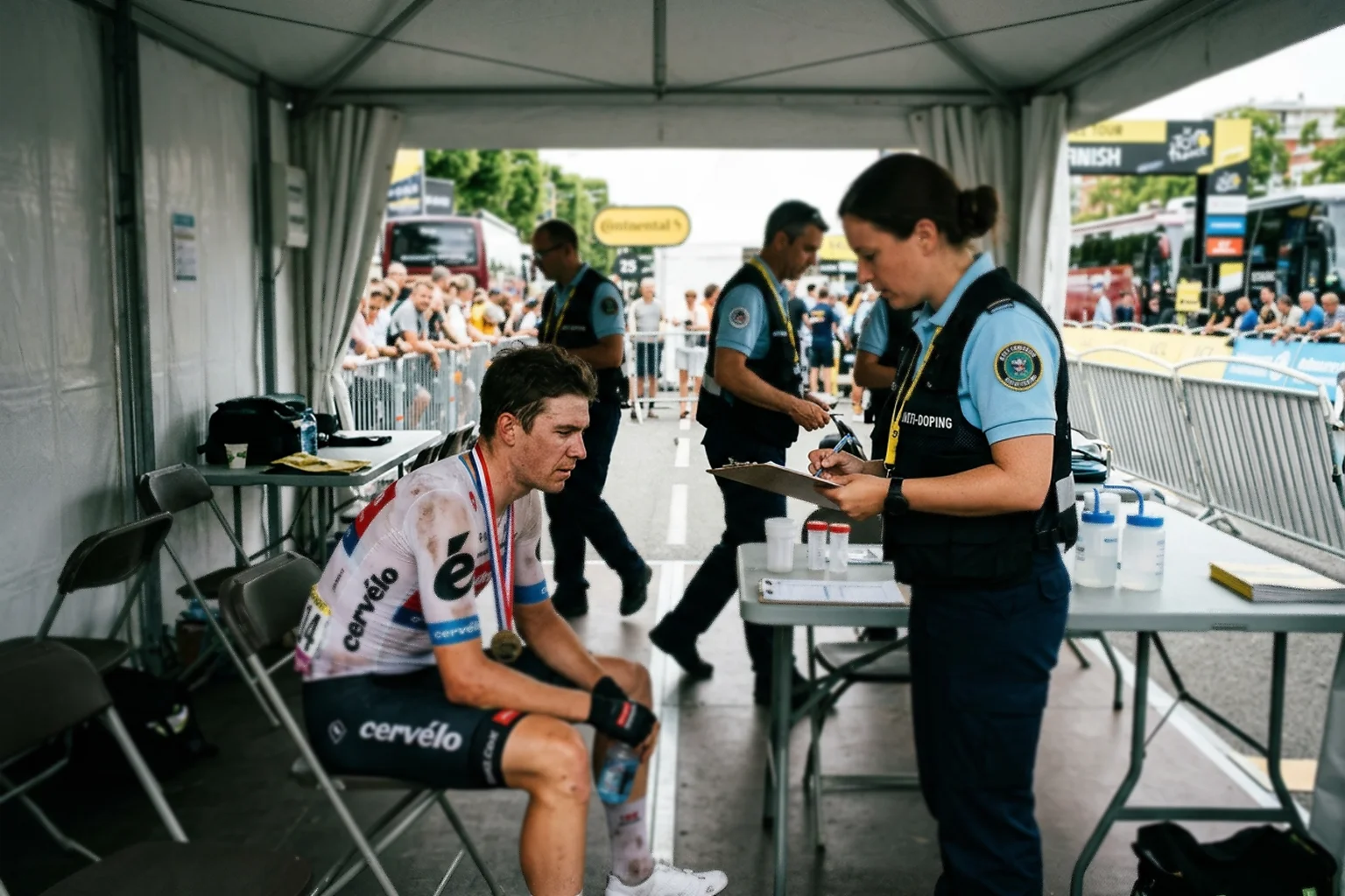 Ciclista profesional pasando un control antidopaje con personal médico en la zona de meta de una carrera