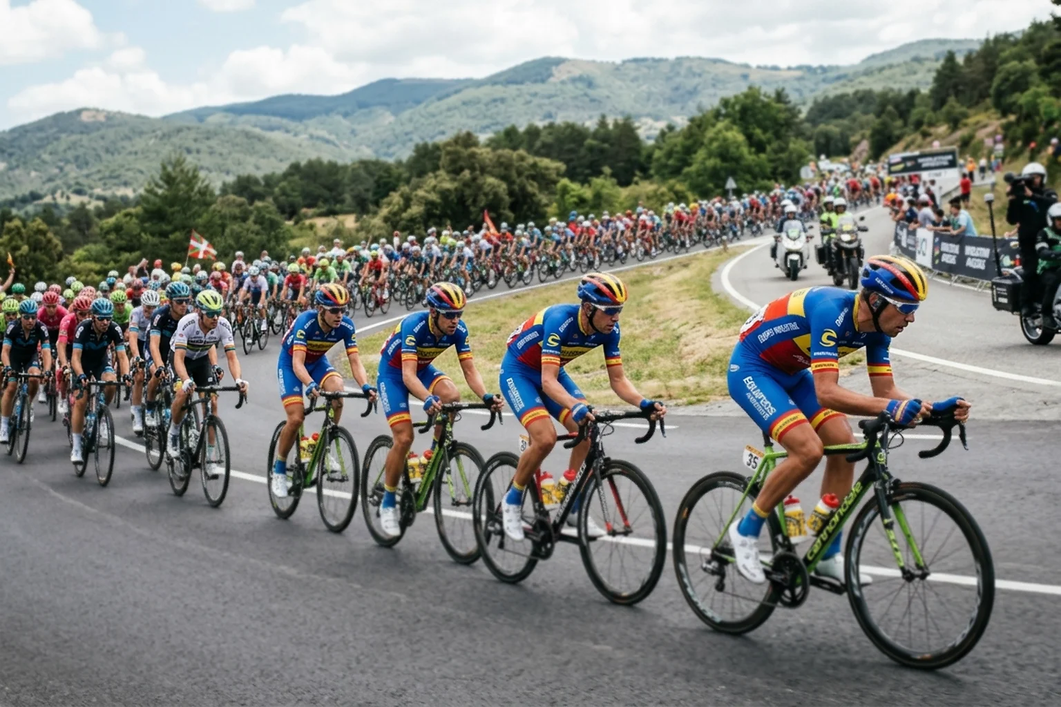 Equipo ciclista WorldTour rodando en formación de tren al frente del pelotón durante una etapa