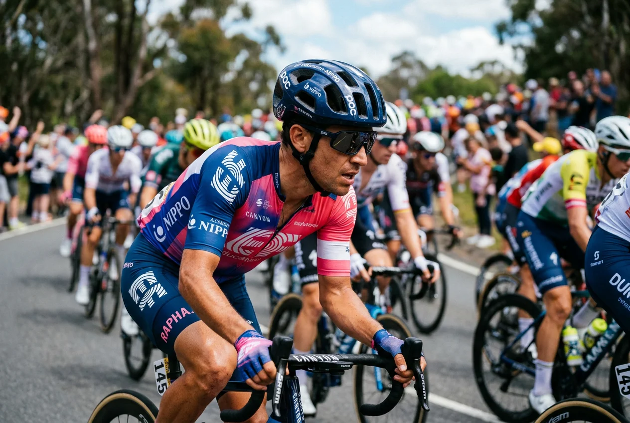 Primer plano de un ciclista profesional con casco y gafas rodando en pelotón durante una carrera WorldTour