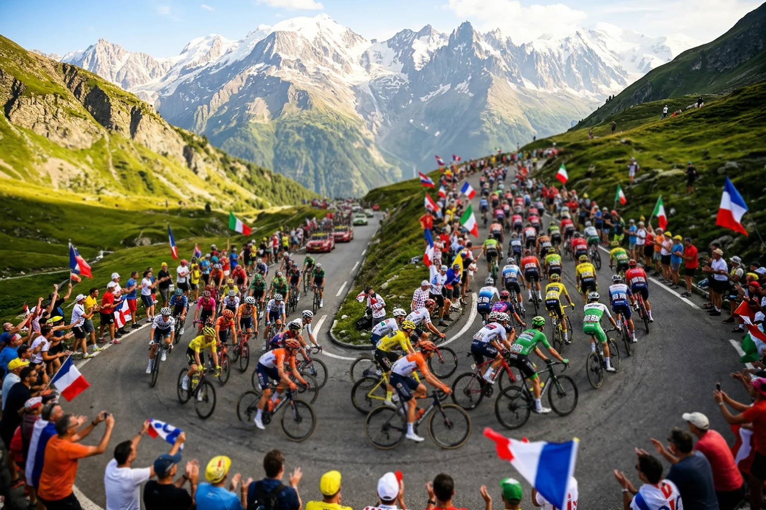 Pelotón ciclista en etapa de montaña durante un grand tour