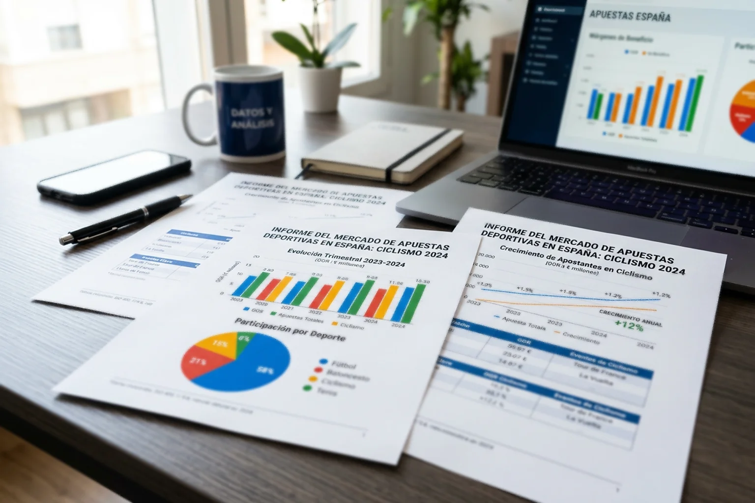 Vista de un escritorio de análisis con informes impresos de datos del mercado de apuestas deportivas en España
