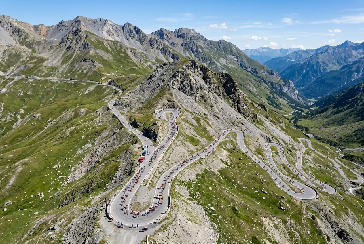 Vista aérea de una carretera de montaña serpenteante con ciclistas ascendiendo un puerto de alta montaña