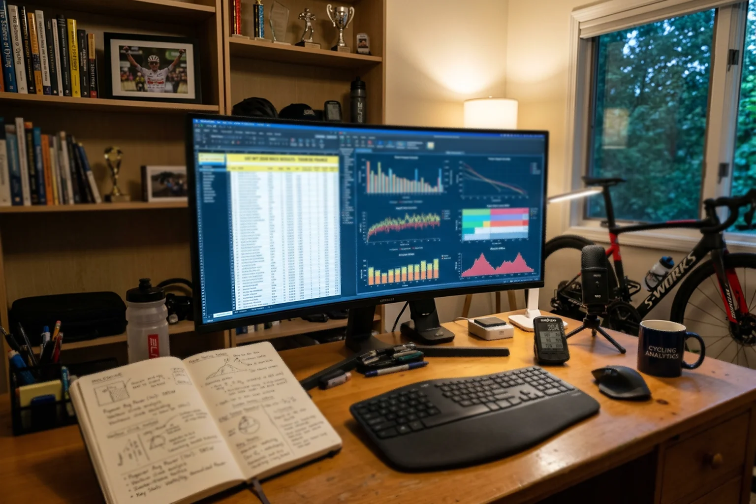 Escritorio de analista con pantalla mostrando datos de rendimiento ciclista y hojas de cálculo con estadísticas