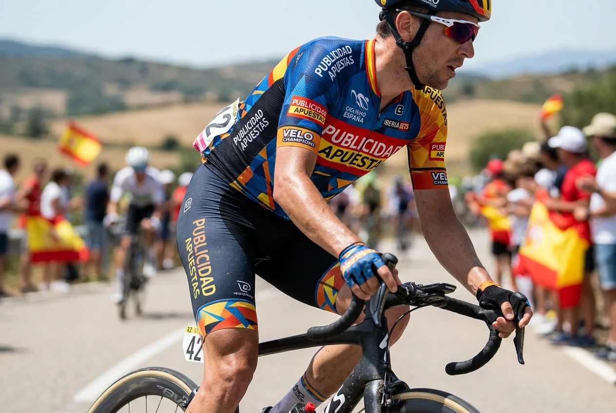 Maillot de equipo ciclista profesional con logotipos de patrocinadores visibles durante una carrera