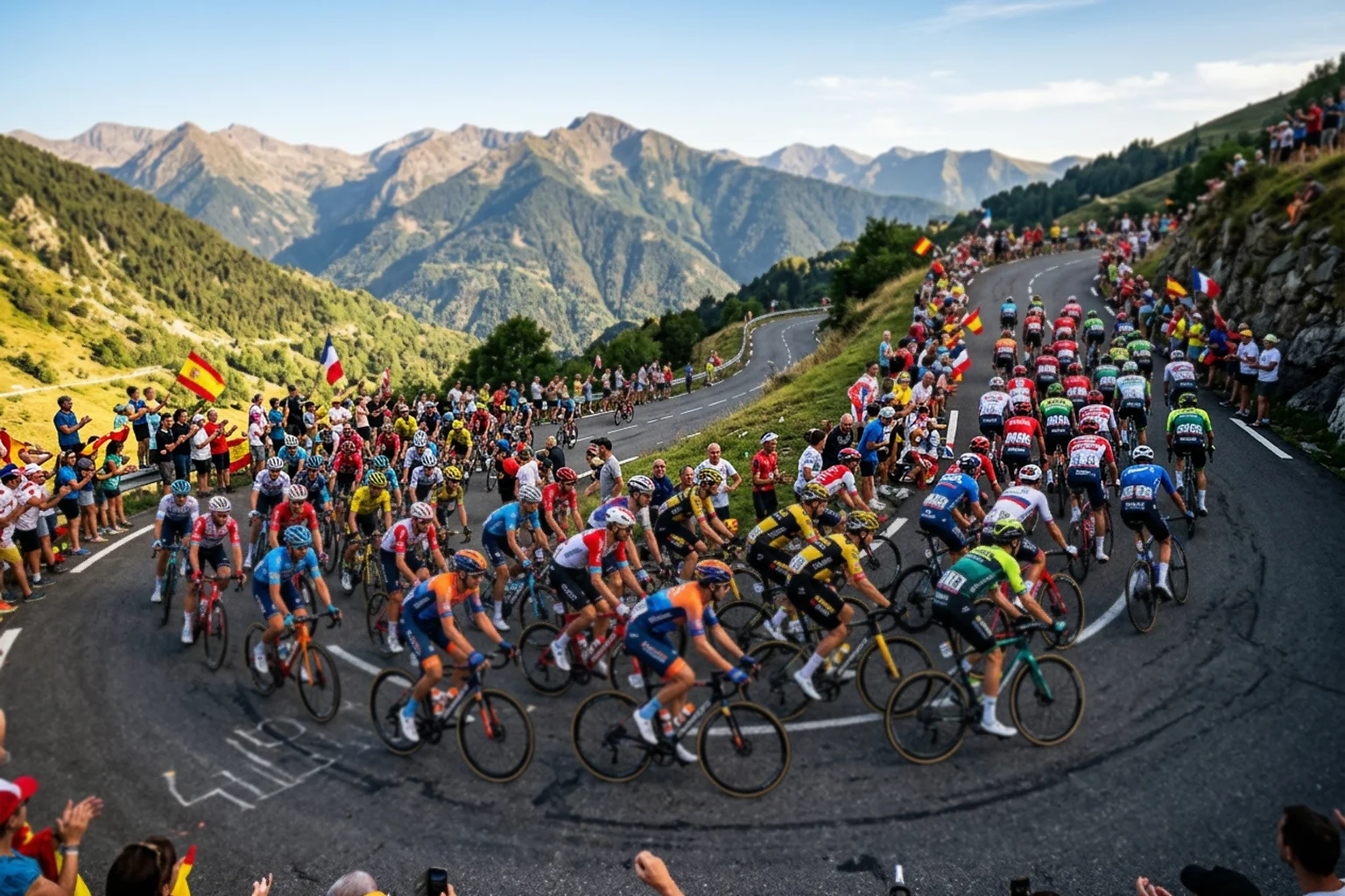Ciclistas profesionales en pelotón durante una etapa de montaña - tipos de apuestas en ciclismo