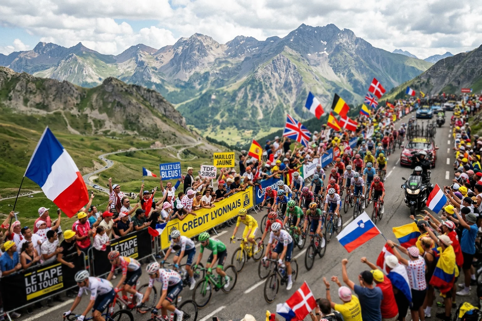 Pelotón del Tour de Francia rodando por una carretera francesa de montaña con público y banderas a los lados