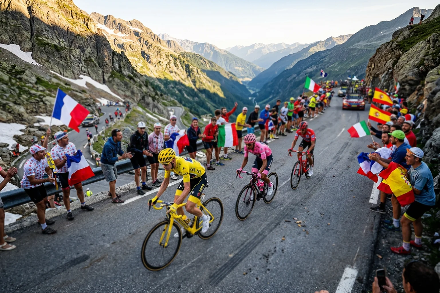 Ciclistas en etapa de montaña de un grand tour con paisaje de alta montaña