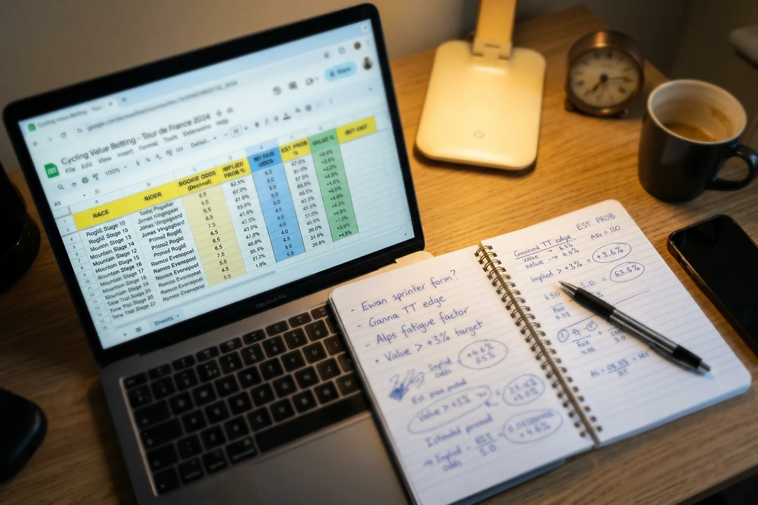 Pantalla de ordenador mostrando cuotas de apuestas de ciclismo junto a un cuaderno con anotaciones de análisis